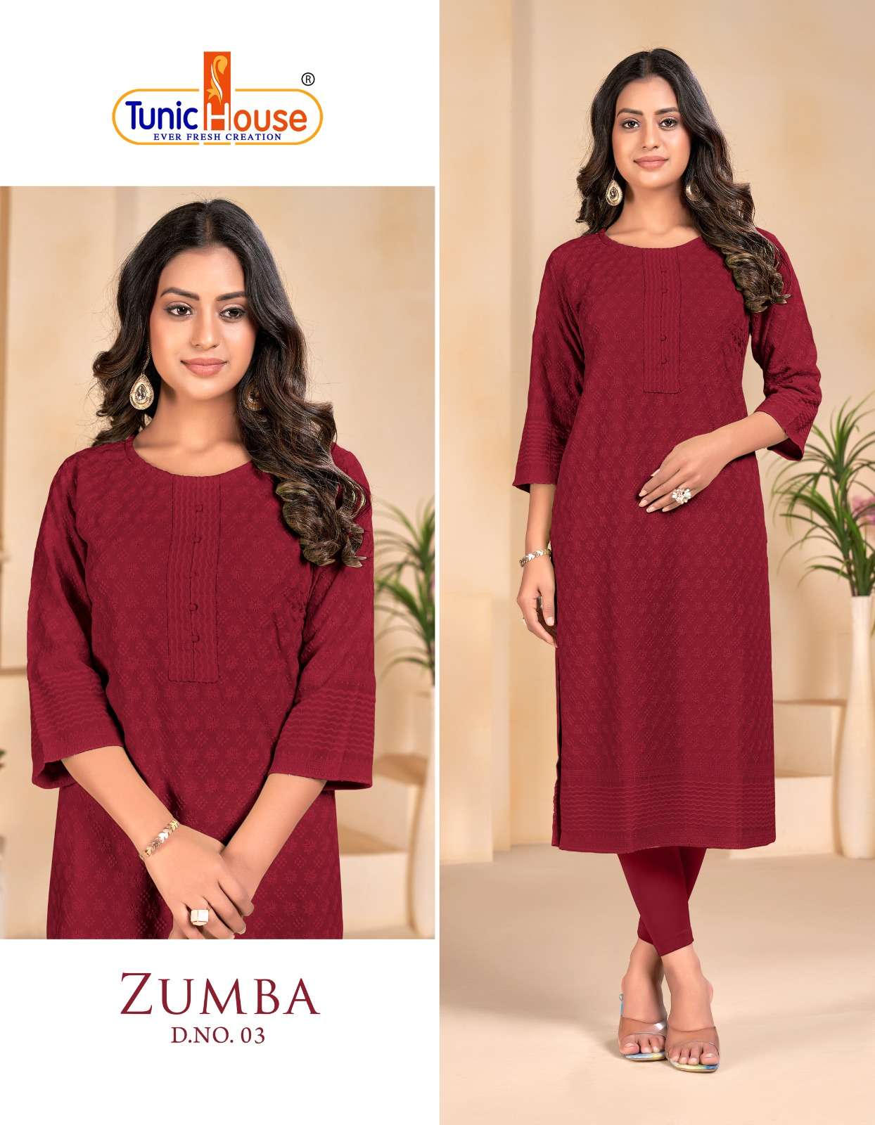 ZUMBA VISCOUS RAYON FULL CHIKANKARI WORK KURTI BY TUNIC HOUSE BRAND POSTER