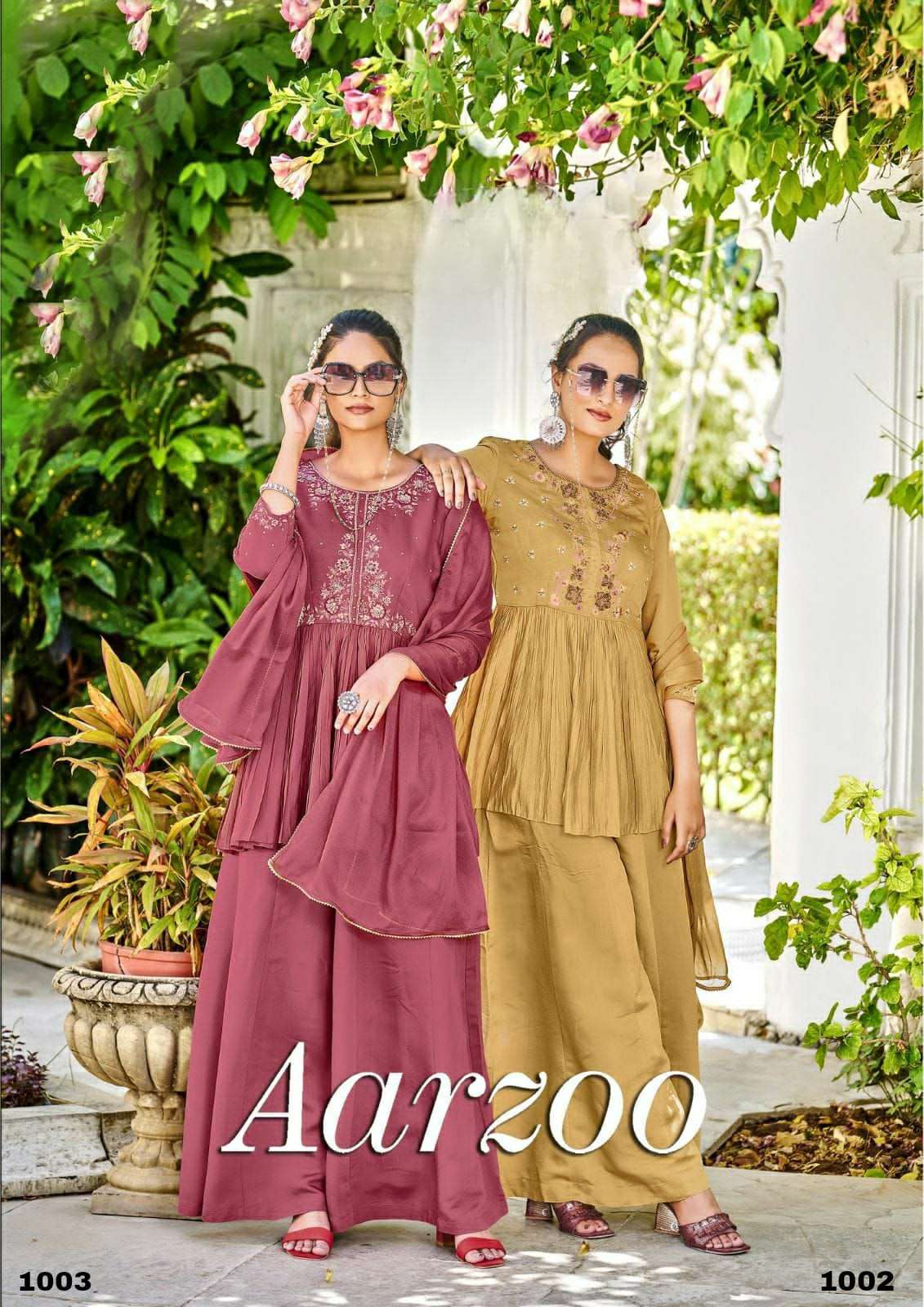 AARZOO HEAVY CHANDERI SILK EMBROIDERY AND HANDWORK SHORT  KURTI WITH SHARARA AND CHINON CHIFFON DUPA...