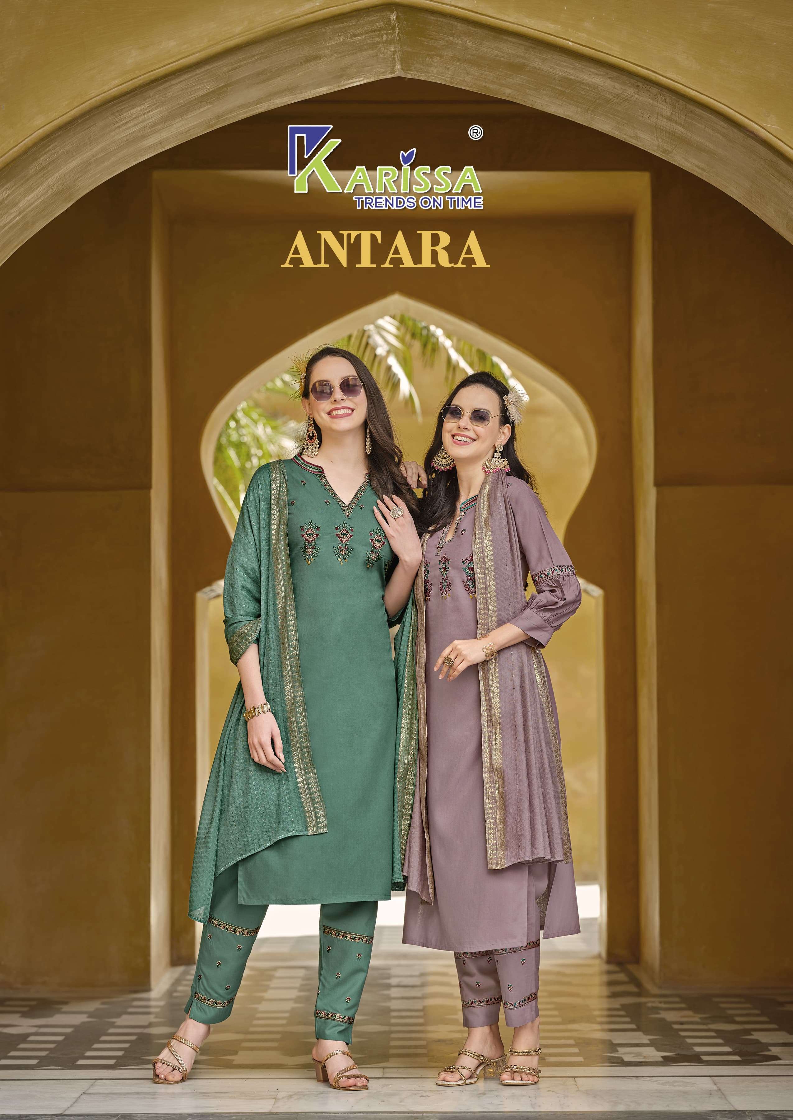 ANTARA LIVA PREMIUM RAYON THREAD HANDWORK KURTI WITH PANT AND MASLIN SEQUENCE DUPATTA BY KARISSA BRA...