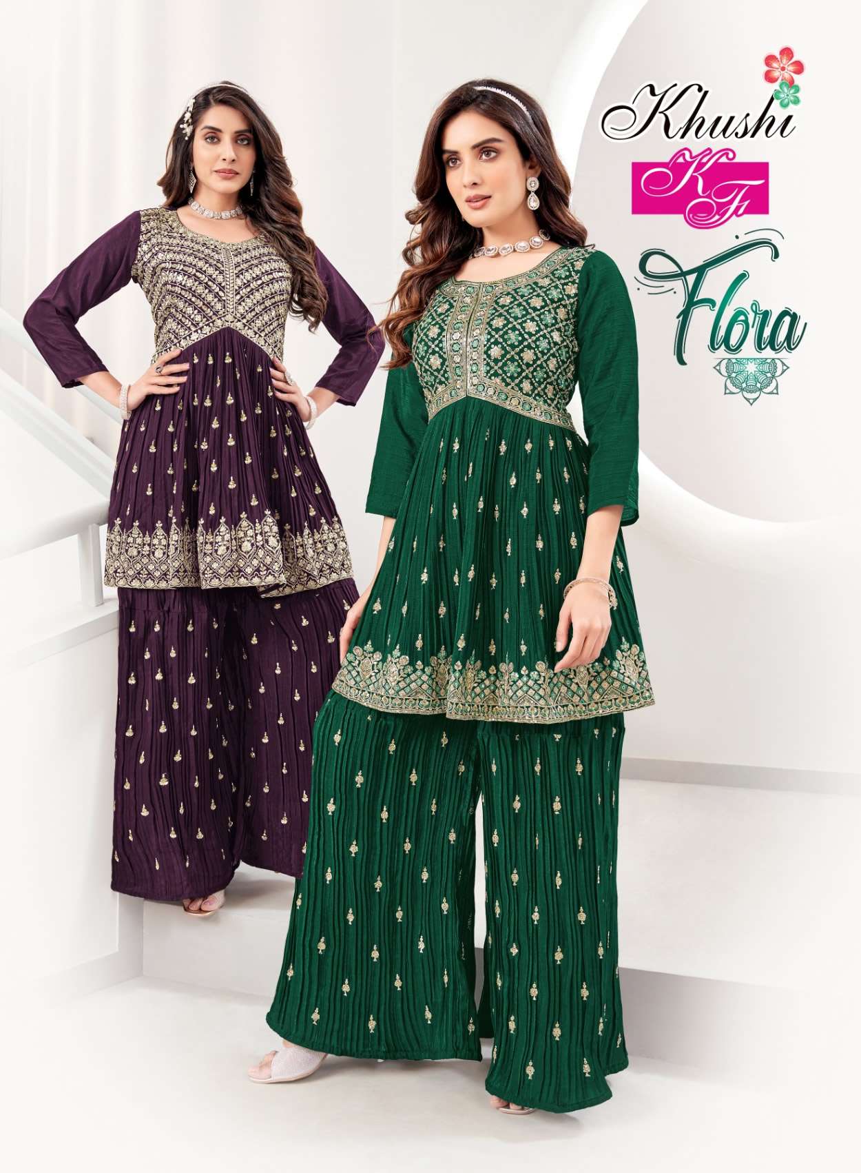  FLORA CHINON SILK HEAVY EMBROIDERY WORK ALIA CUT KURTI WITH  PLAZOO BY KF BRAND WHOLESALER AND DEAL...
