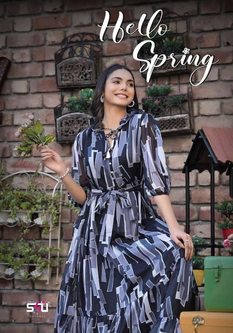 HELLO SPRING CHIFFON FABRIC PRINTED GOWN STYLE DESIGNER KURTI BY S4U BRAND WHOLESALER AND DEALER