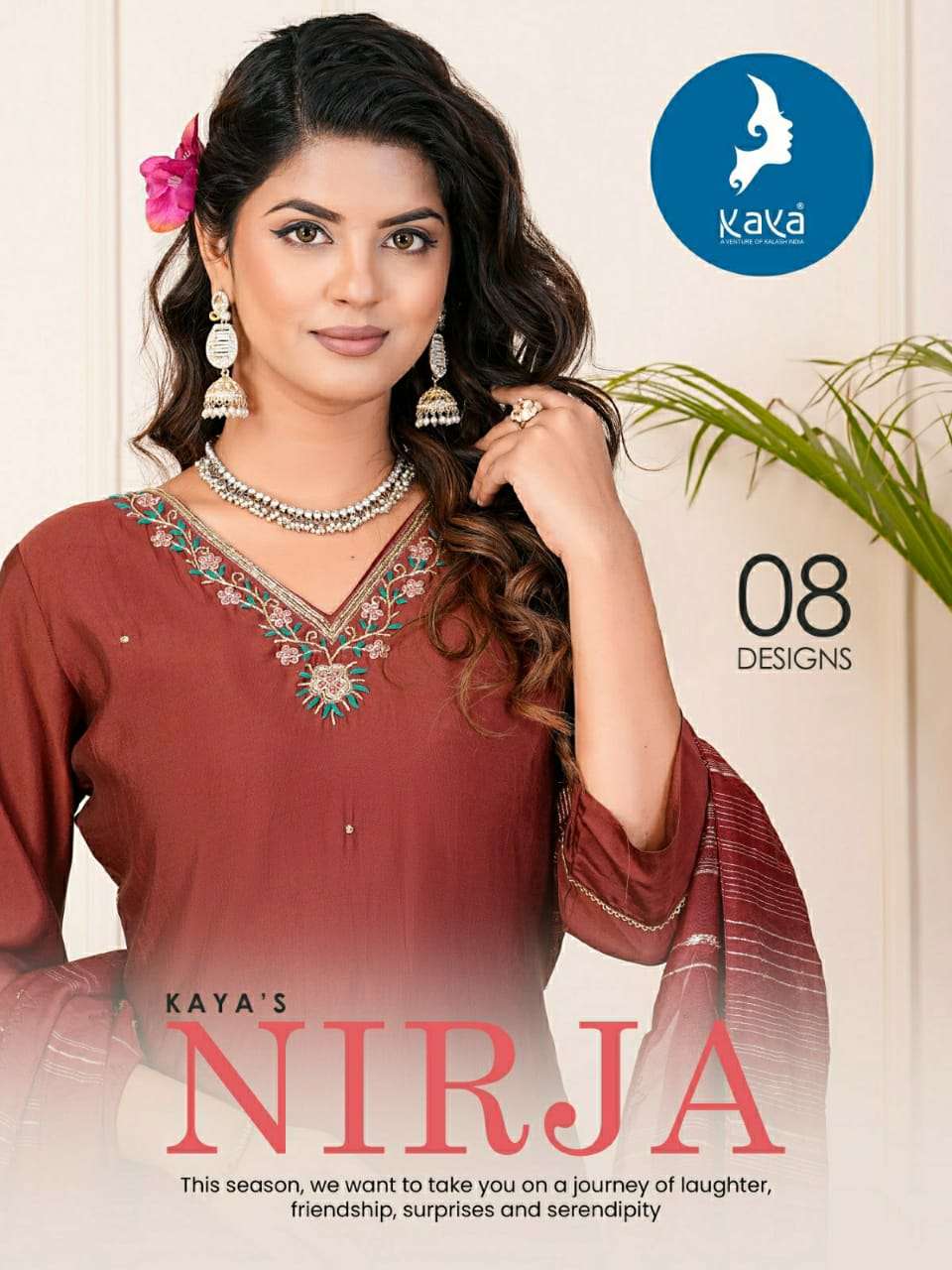 NIRJA ROMAN SILK EMBROIDERY AND HANDWORK KURTI WITH PANT AND CHANDERI JACQUARD DUPATTA BY KAYA BRAND...