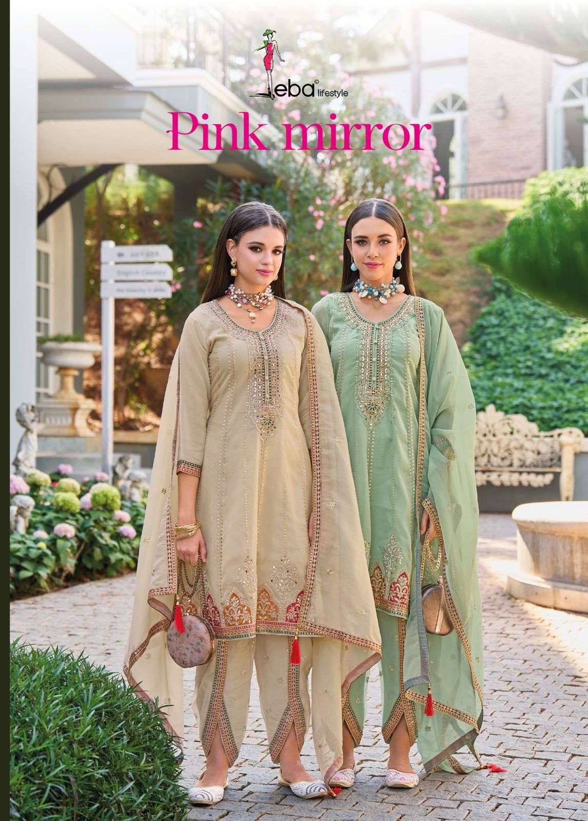 PINK MIRROR PURE SIMAR ORGANZA EMBROIDERY WORK KURTI WITH DHOTI BOTTOM AND DUPATTA BY EBA LIFESTYLE ...