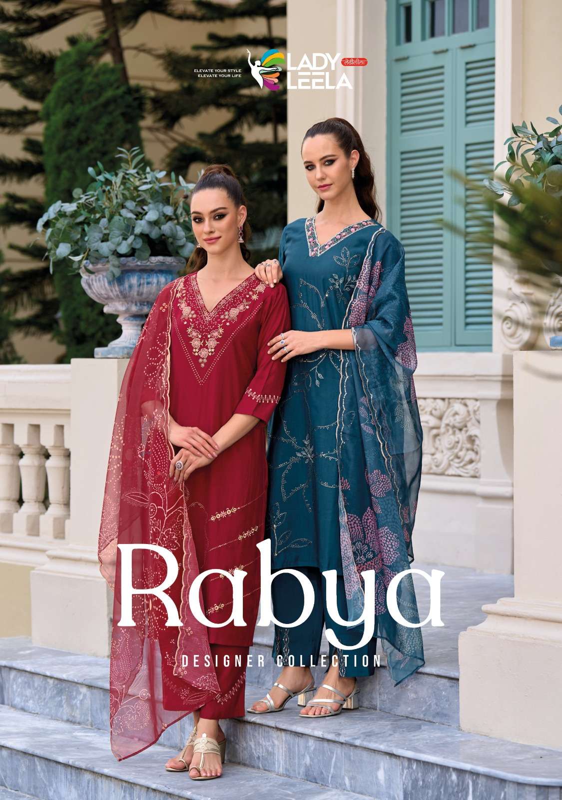 RABYA VISCOSE SILK EMBRIODARY AND HANDWORK KURTI WITH PANT AND ORGANZA DIGITAL PRINT DUPATTA BY LADY...