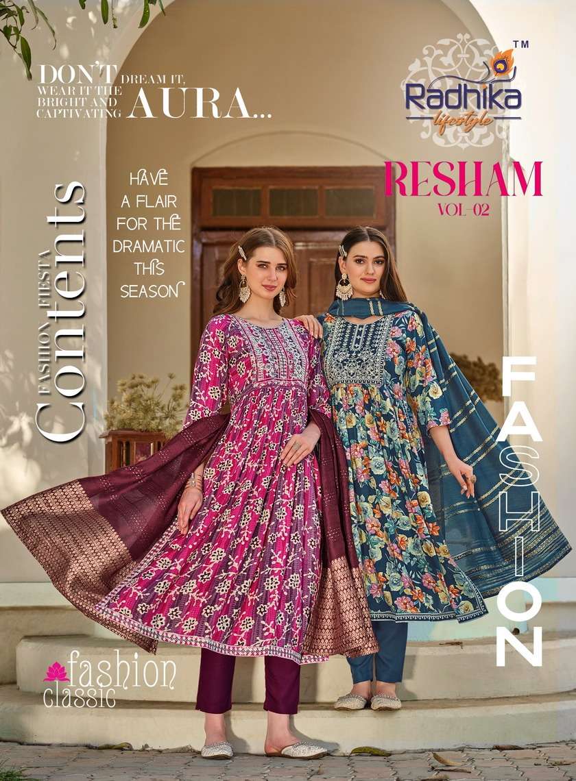 RESHAM VOL 2 REYON FOIL PRINT EMBROIDERY WORK KURTI WITH PANT AND CHANDERI  JACQUARD DUPPTTA BY RADH...