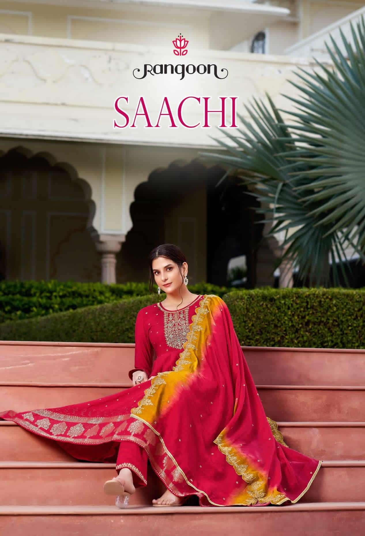 SAACHI VISCOSE JAQUARD EMBROIDERY WORK ANARKALI KURTI WITH PANT AND CHANDERI SILK DUPATTA BY RANGOON...