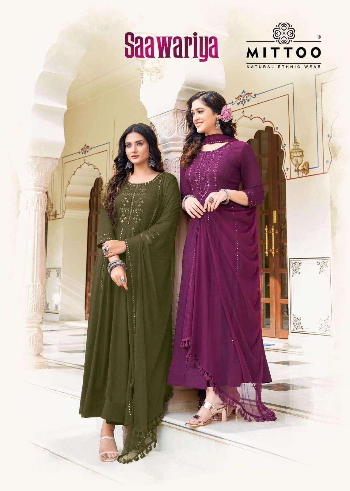 SAAWARIYA PURE VISCOSE WEAVING EMBROIDERY AND HANDWORK KURTI WITH SANTOON PANT AND NET DUPATTA BY MI...