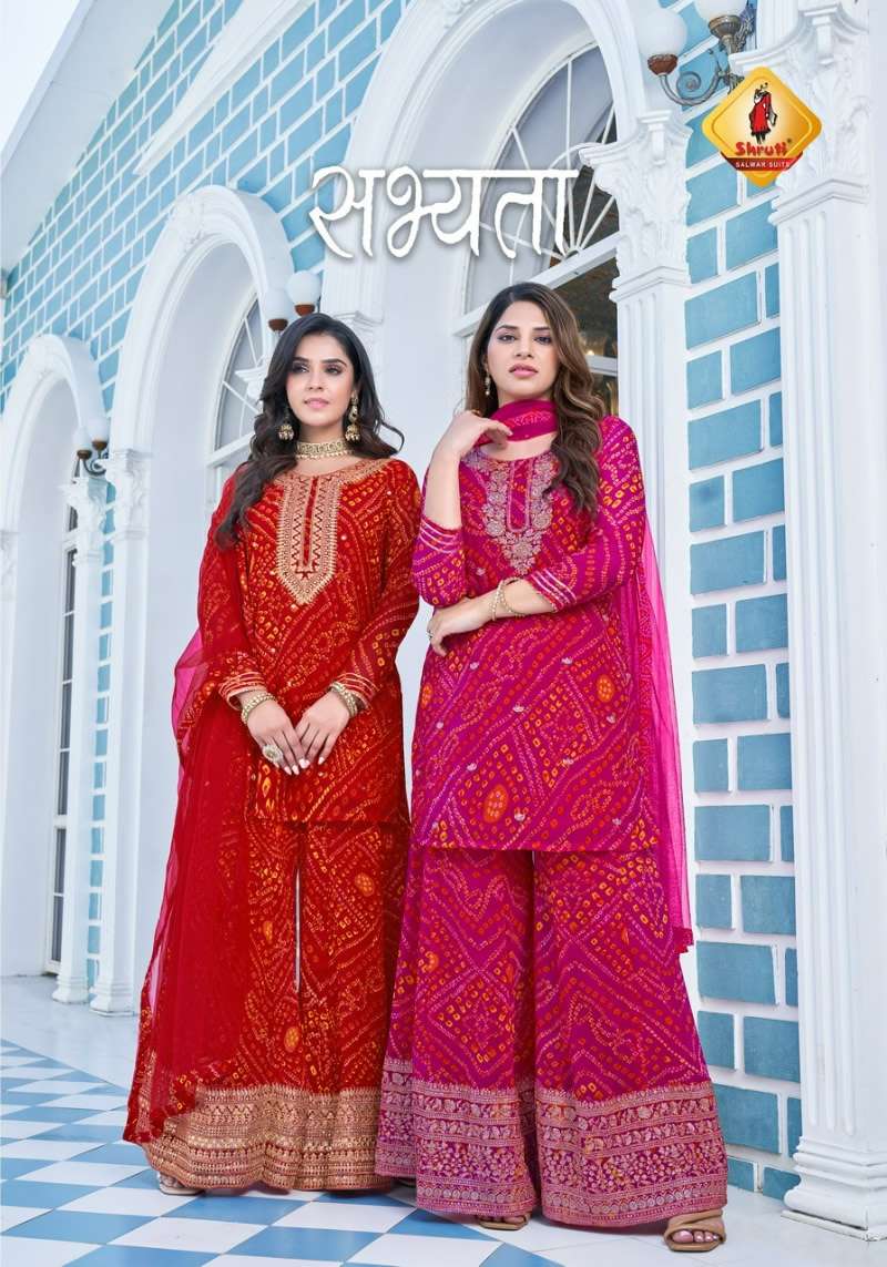 SABHYATA HEAVY GEORGETTE ZARI SEQUENCE EMBROIDERY WORK KURTI WITH CRUSH GEORGETTE  PLAZZO AND DUPATT...