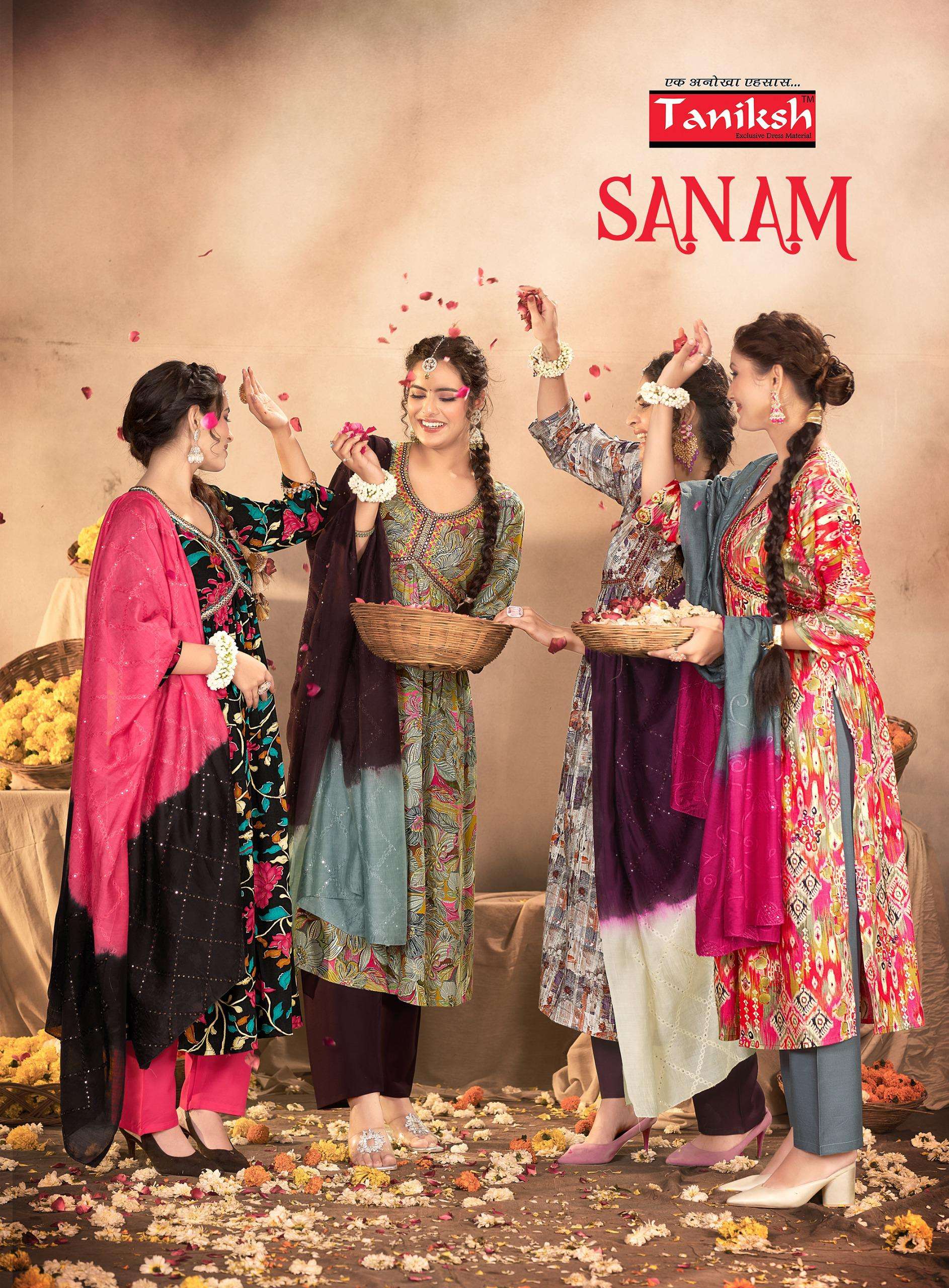 SANAM RAYON FOIL PRINT EMBROIDERY WORK ALIYA CUT KURTI WITH PANT AND FANCY DUPATTA BY TANIKSH BRAND ...