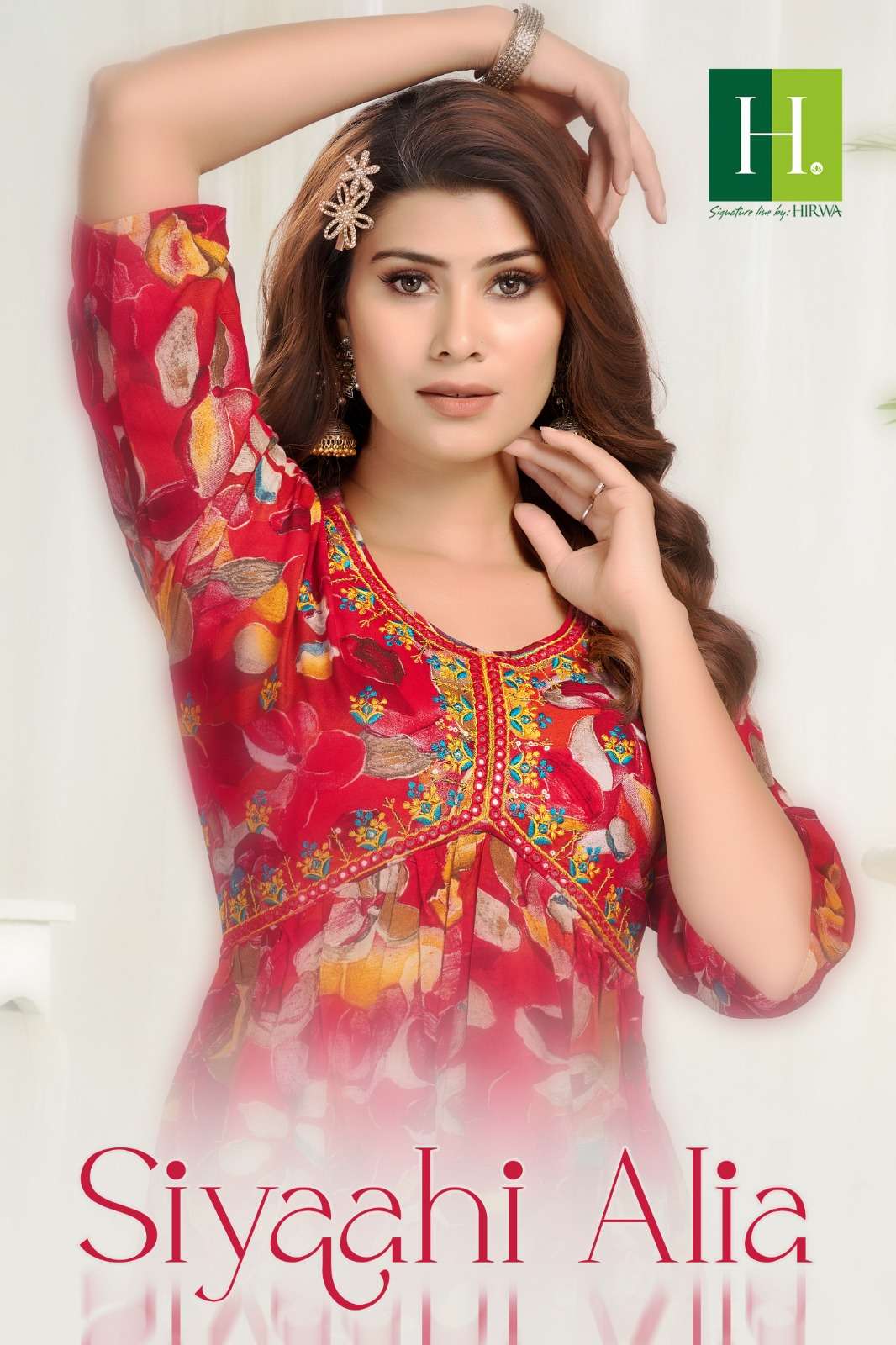 SIYAAHI ALIA PURE HEAVY REYON FOIL PRINT EMBROYDERY WORK ALIA CUT KURTI BY HIRWA BRAND WHOLESALER AN...