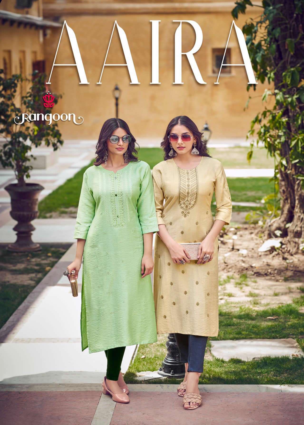 AAIRA VISCOSE WITH HEAVY EMBROIDERY NECK AND SLEEV WORK KURTI  BY RANGOON BRAND WHOLESALER AND DEALE...