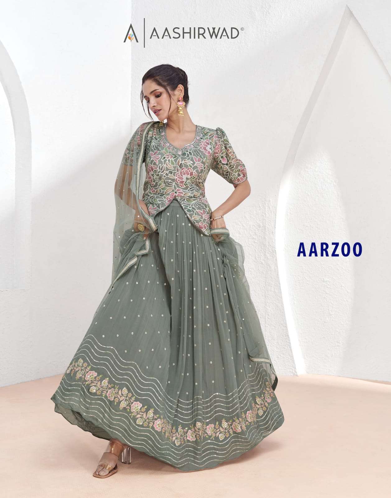 AARZOO REAL GEORGETTE EMBROIDERY AND HANDWORK STYLISH CROP TOP WITH NET DUPATTA BY AASHIRWAD CREATIO...