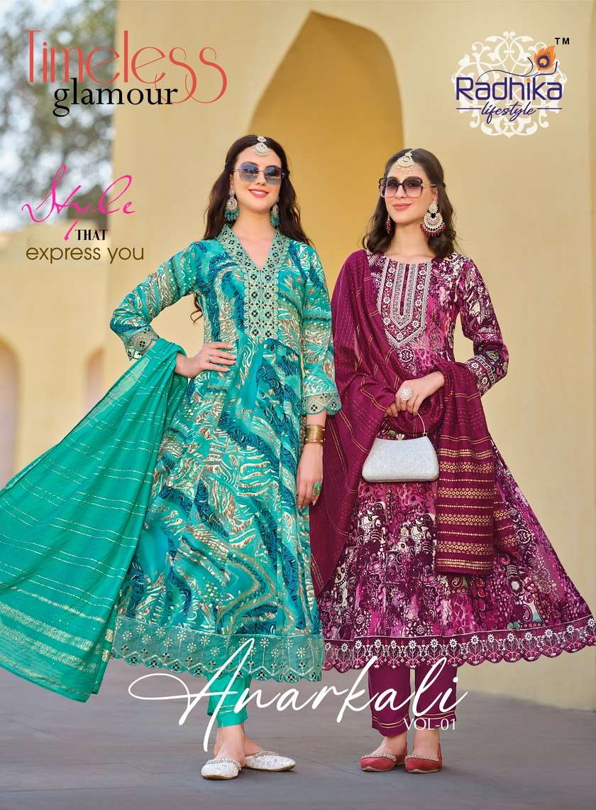 ANARKALI VOL 1 HEAVY REYON FOIL PRINT EMBROIDERY WORK ANARKALI STYLE KURTI WITH PANT AND CHANDERI JA...