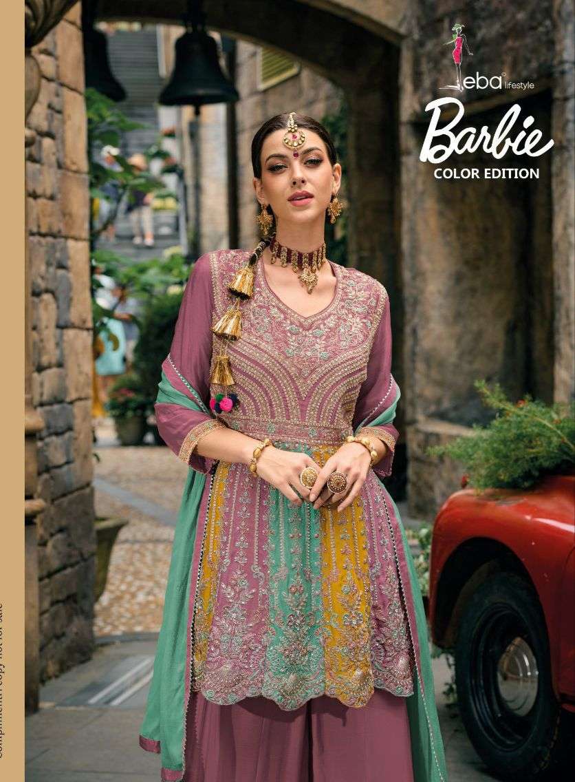 BARBIE CHINON EMBROIDERY WORK HEAVY KURTI WITH SHARARA AND DUPATTA BY EBA LIFESTYLE BRAND WHOLESALER...