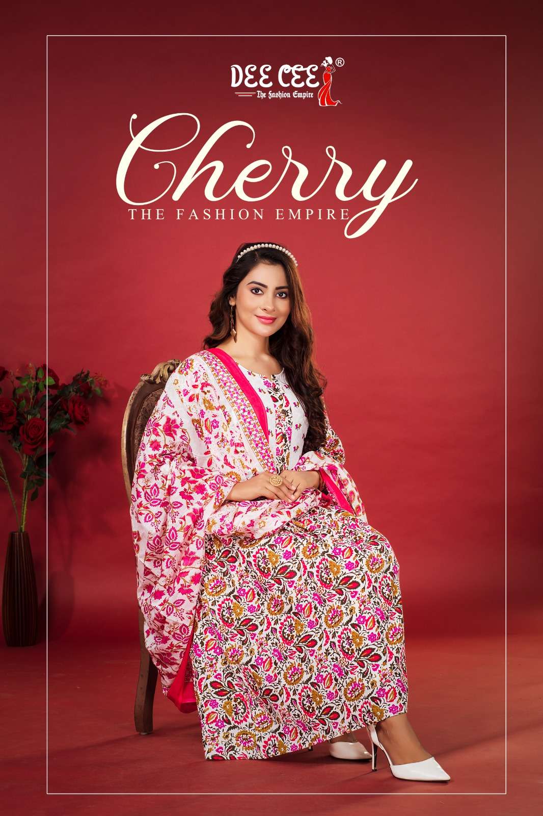 CHERRY COTTON CAMBRIC GHERA KURTI WITH PANT AND PRINTED BOX PATTERN  MUL DUPATTA BY DEECEE BRAND WHO...