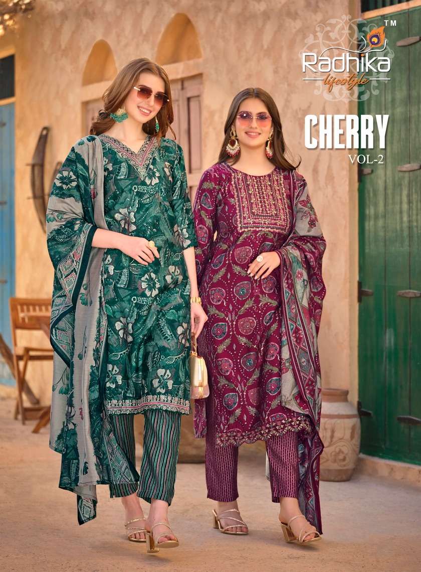 CHERRY VOL 2 PURE MODAL MUSLIN PRINT EMBROIDERY WORK KURTI WITH PANT AND DUPATTA BY RADHIKA LIFESTYL...