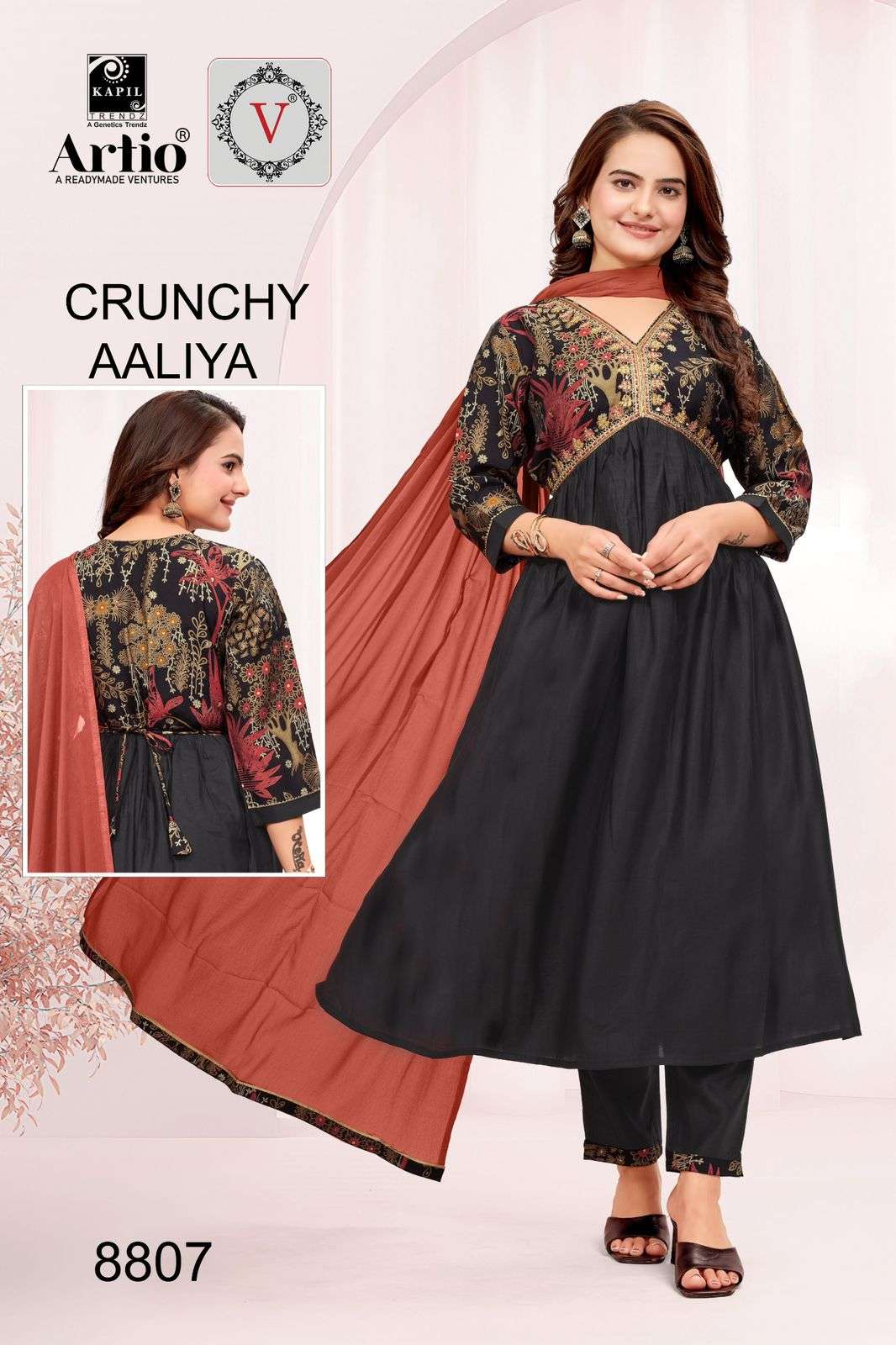 CHRUNCHY ALIA MODAL PRINTED EMBROIDERY WORK KURTI WITH PANT AND NAZMIN DUPATTA BY VEDA BRAND WHOLESA...