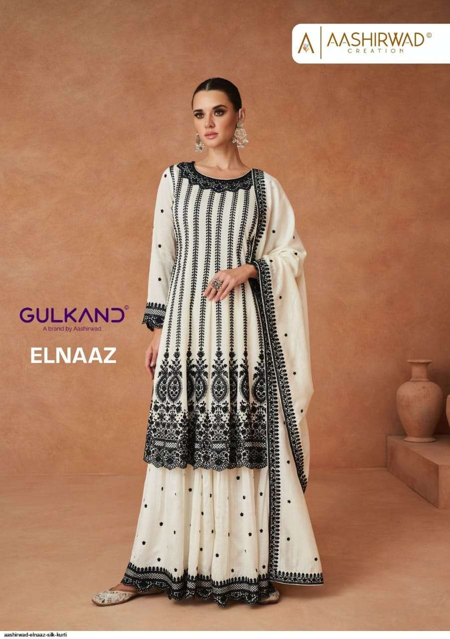 ELNAAZ PREMIUM SILK BLACK THREAD AND HANDWORK KURTI WITH SHARARA AND DUPATTA BY AASHIRWAD BRAND WHOL...