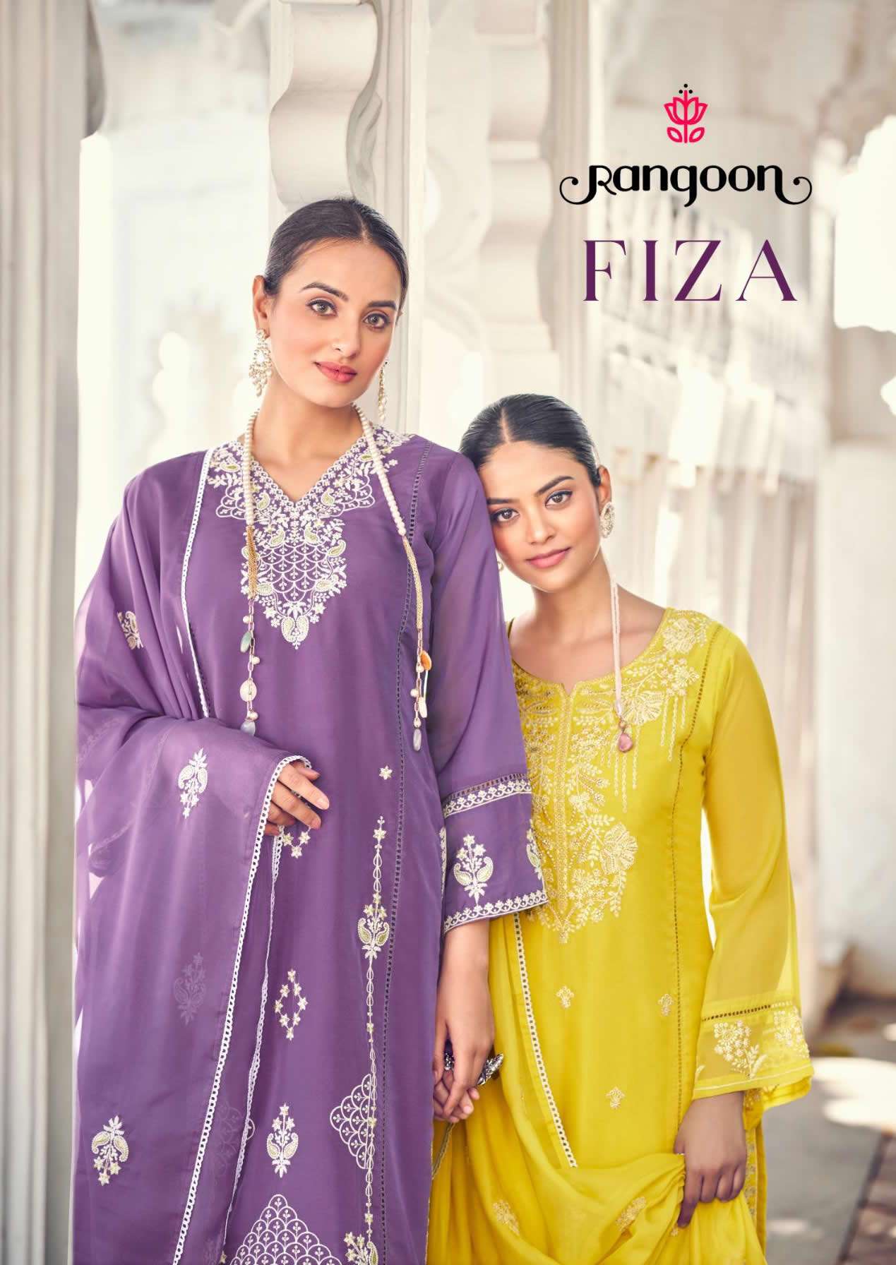 FIZA PURE ORGANJA FANCY WORK KURTI WITH PANT AND DUPATTA BY RANGOON BRAND WHOLESALER AND DEALER