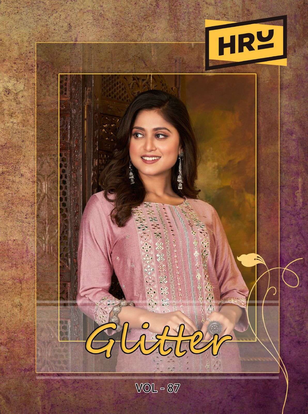 GLITTER VOL 87  NYLON BY VISCOSE COMPUTER EMBROIDERY WITH SEQUINS WORK KURTI BY HRU INDIA BRAND WHOL...