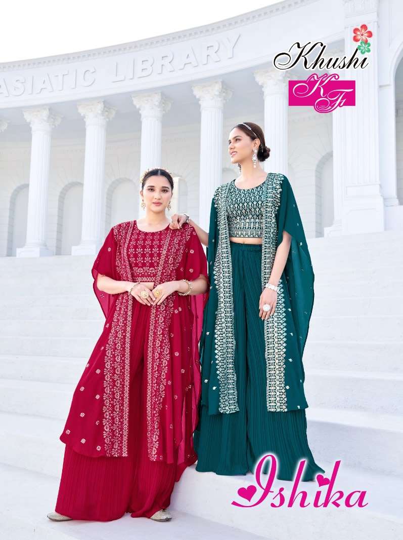 ISHIKA GEORGETTE HEAVY EMBROIDERY WORK PLAZZO SET WITH SHRUG BY KF BRAND WHOLESALER AND DEALER