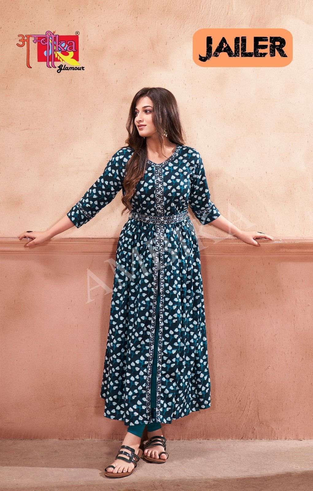 JAILER RAYON 14 KG MIRROR WORK ON NECK LONG KURTI WITH SEPARATE BELT BY AMBIKA KURTI BRAND WHOLESALE...