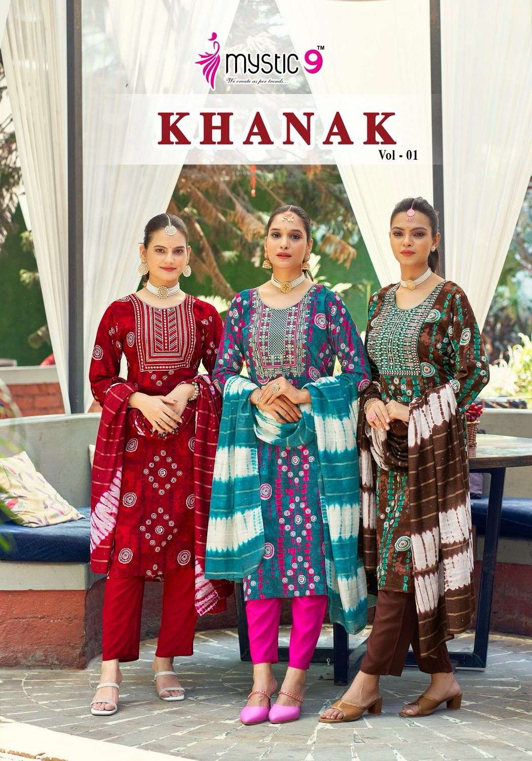 KHANAK RAYON PRINT EMBROIDERY WORK KURTI WITH PANT AND NAZMIN TIE DIE DUPATTA BY MYSTIC 9 BRAND WHOL...