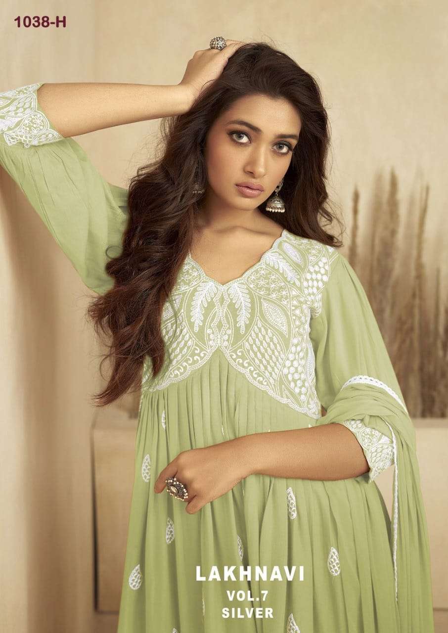 LAKHNAWI VOL 7 SILVER HEAVY RAYON LAKHNAWI WORK KURTI WITH PLAZZO AND DUPATTA BY S3FOREVER BRAND WHO...
