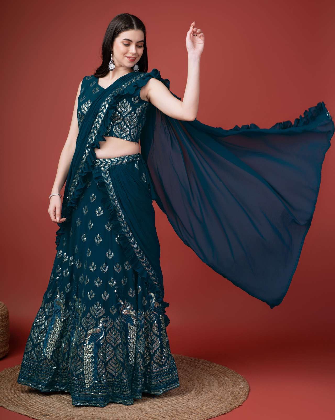 LEHENGA SAREE IMPORTED GEORGETTE PEACOCK EMBROIDERY WORK SKIRT WITH BLOUSE AND FANCY PALLU ATTACHED ...