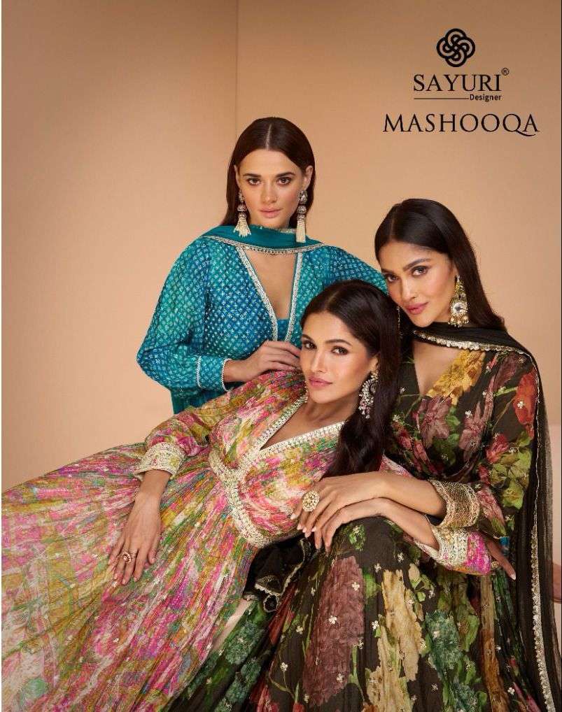 MASHOOQA REAL GEROGETTE FABRIC FANCY WORK DESIGNER GOWN KURTI WITH DUPATTA BY SAYURI BRAND WHOLESALE...