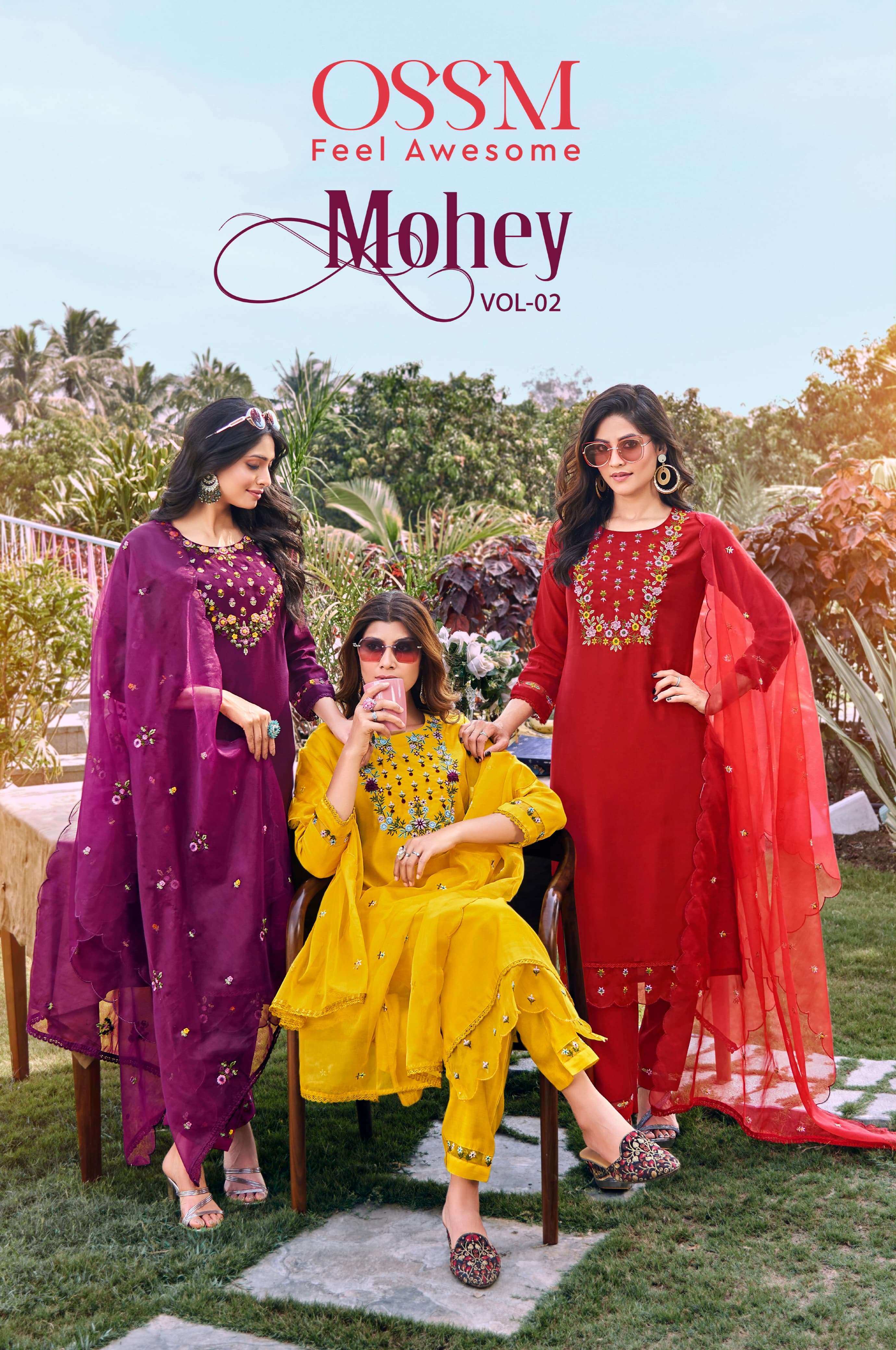 MOHEY VOL 2 VISCOS ROMAN SILK EMBROIDERY AND HAND WORK KURTI WITH PANT AND ORGANZA DUPATTA BY OSSM B...
