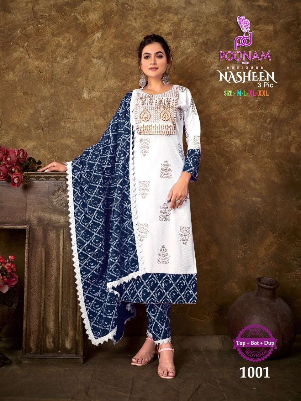 NASHEEN VOL 3 PURE RAYON NECK EMBROIDERY AND SEQUENCE WORK KURTI WITH PANT AND DUPATTA BY POONAM DES...