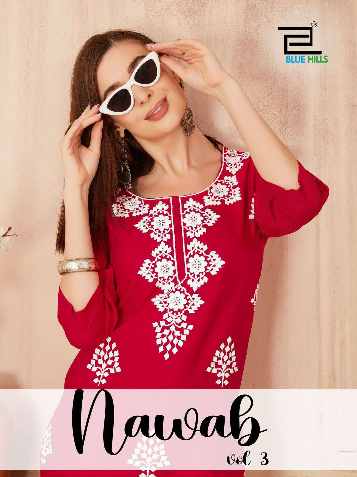 NAWAB VOL 3 HEAVY RAYON WHITE THREAD WORK SHORT KURTI BY BLUE HILLS BRAND WHOLESALER AND DEALER