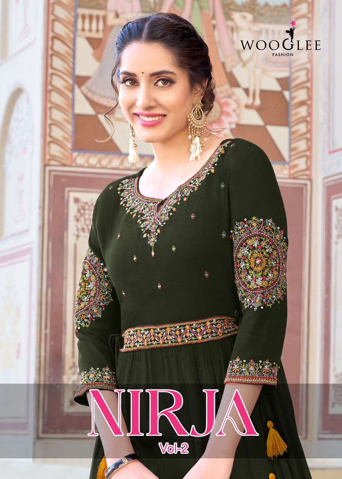 NIRJA VOL 2 RAYON WRINKLE EMBROIDERY AND HANDWORK LONG KURTI BY WOOGLEE BRAND WHOLESALER AND DEALER