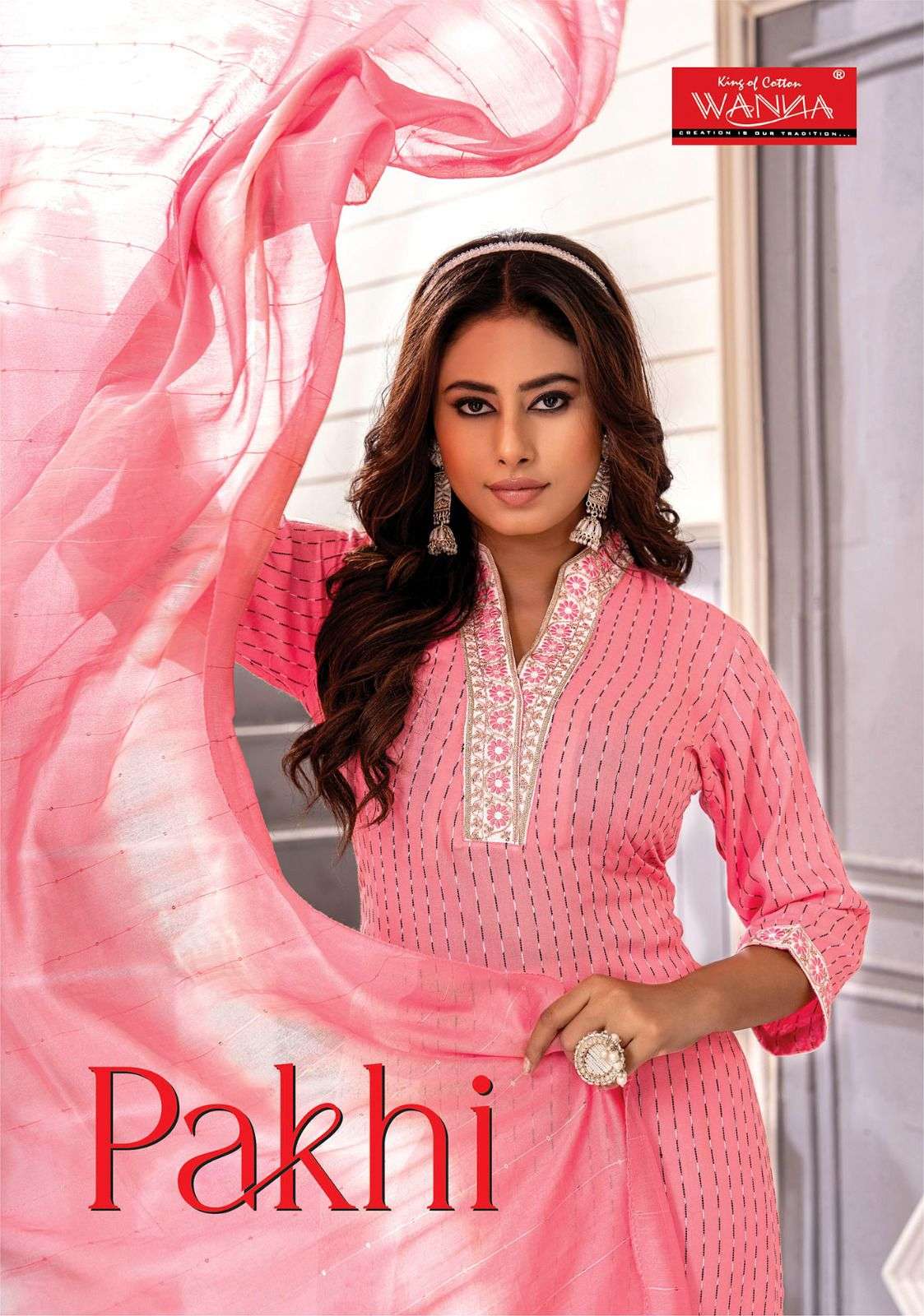 PAKHI FANCY RAYON FABRIC EMBROIDERY WORK KURTI WITH PANT AND DUPATTA BY WANNA BRAND WHOLESALER AND D...
