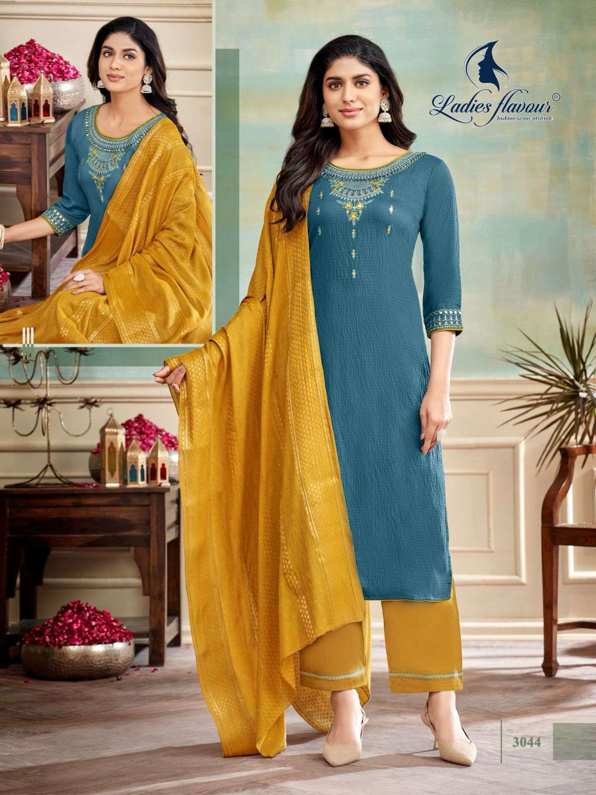 PICK N CHOOSE VISCOSE EMBROIDERY WORK KURTI WITH PLAZZO AND CHANDERI DUPATTA BY LADIES FLAVOUR BRAND...