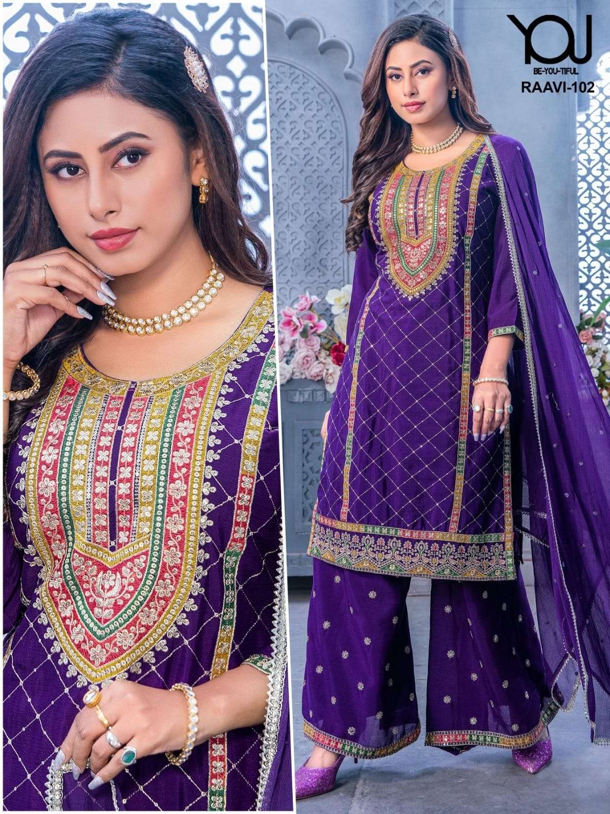 RAAVI HEAVY CHINON EMBROIDERY WORK KURTI WITH SHARARA AND DUPATTA BY WANNA BRAND WHOLESALER AND DEAL...