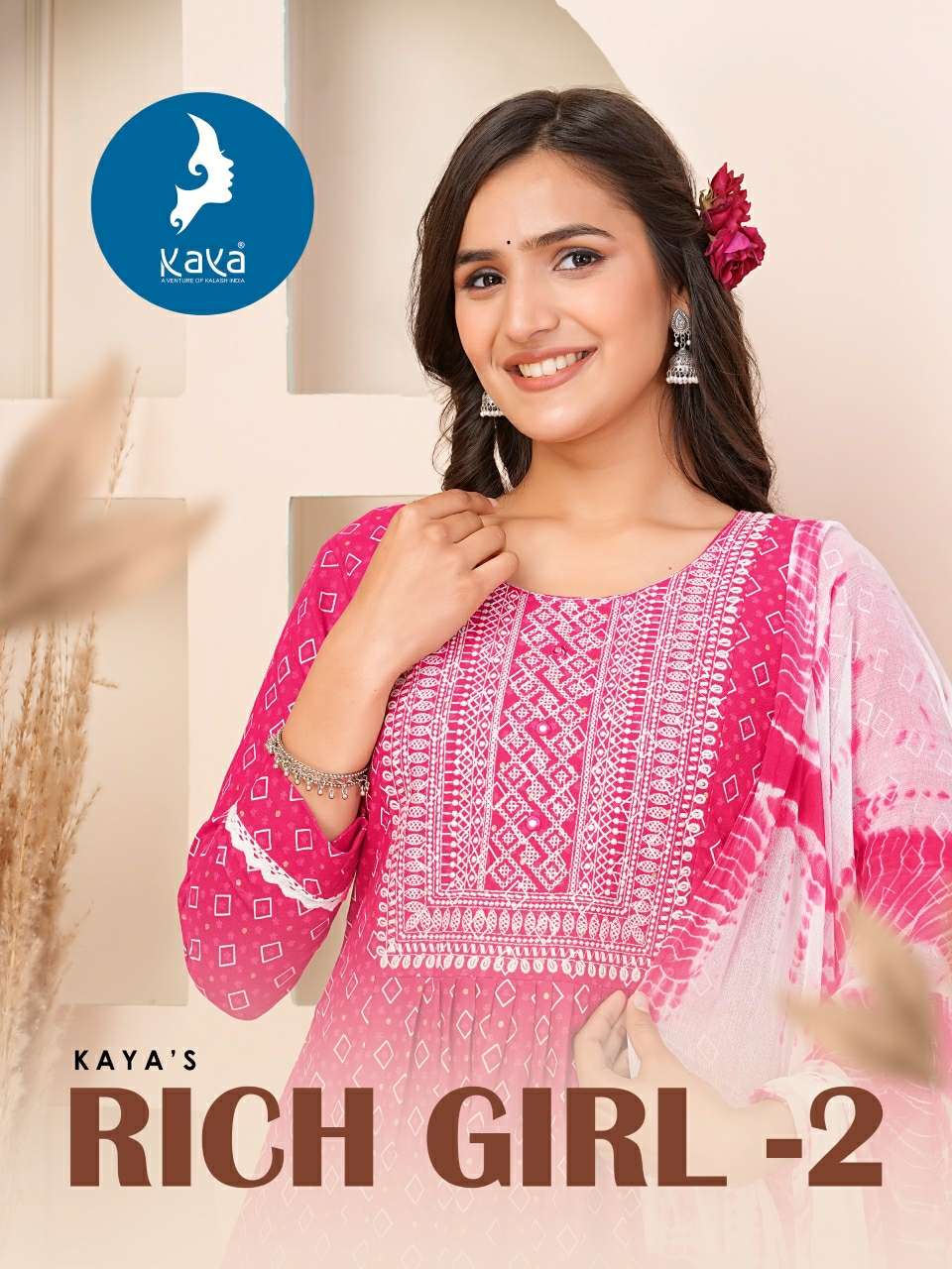 RICH GIRL VOL 2 RAYON PRINT EMBROIERY WORK KURTI WITH PANT AND NAZMIN DUPATTA BY KAYA KURTI BRAND WH...