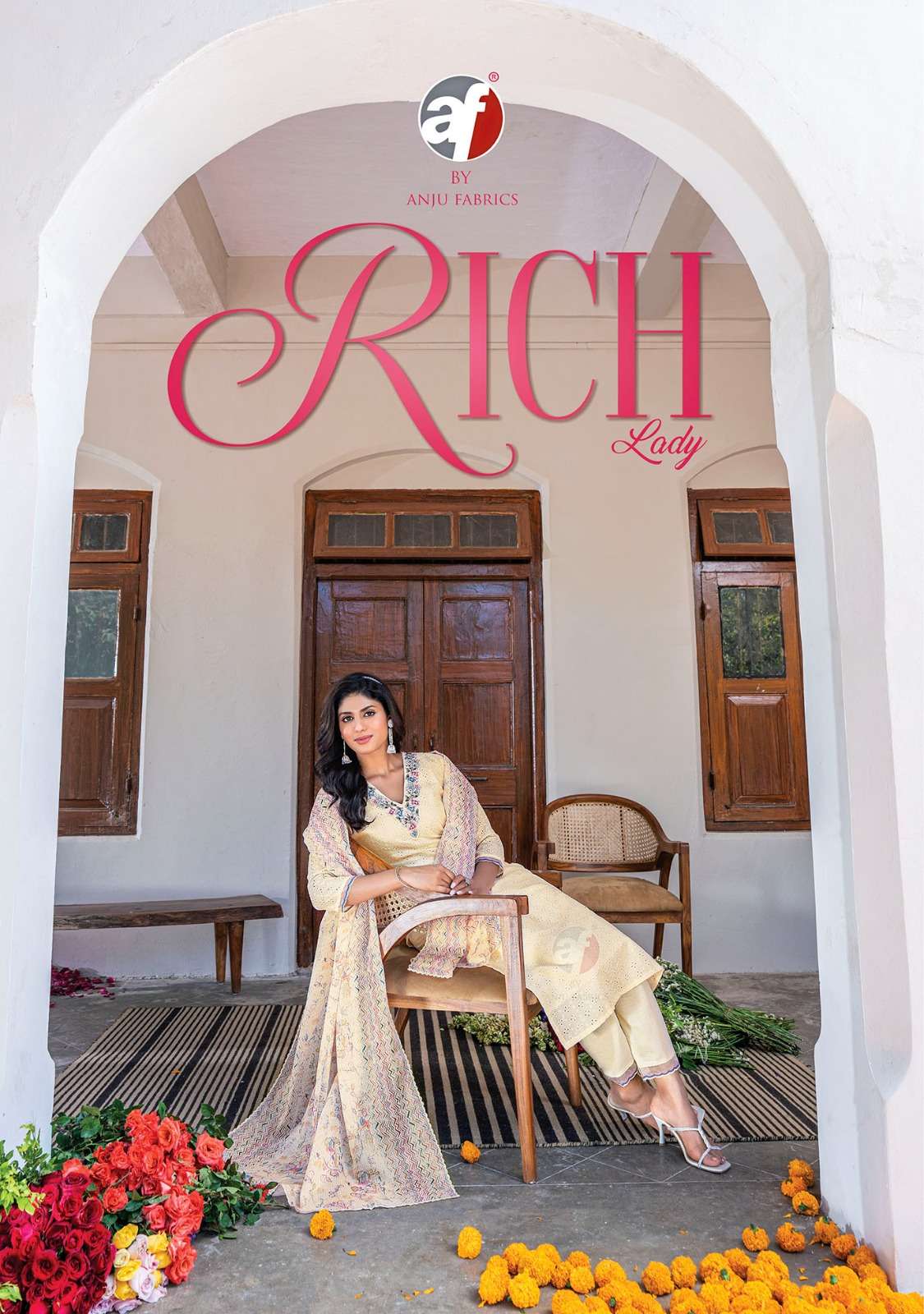RICH LADY COTTON SCHIFFLI EMBROIDERY AND HANDWORK KURTI WITH PANT AND DIGITAL PRINT DUPATTA BY AF BR...