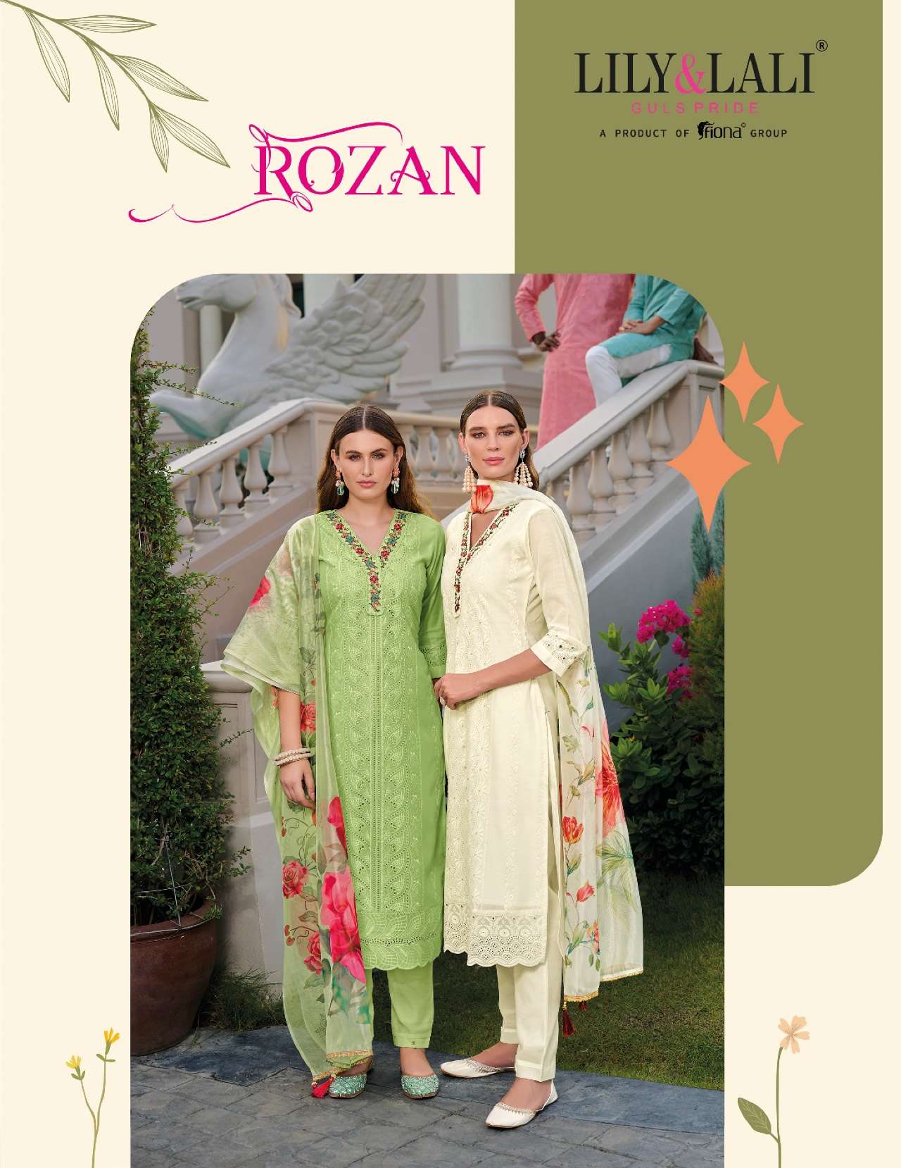 ROZAN CHANDERI SCHIFFLI WORK AND HANDWORK  KURTI WITH VISCOSE PANT AND ORGANZA PRINT DUPATTA BY LILY...