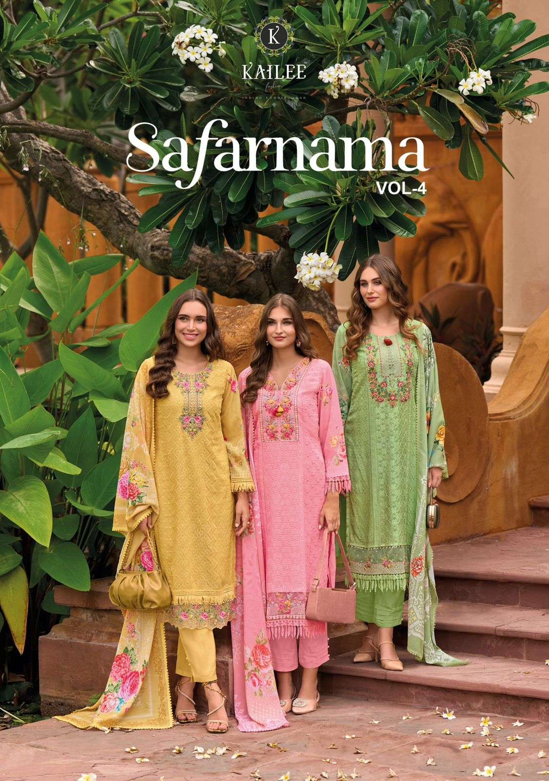 SAFARNAMA VOL 4 VISCOSE MUSLIN CHIKNAKARI THREAD AND HANDWORK KURTI WITH PANT AND CHINON CHIFFON DUP...