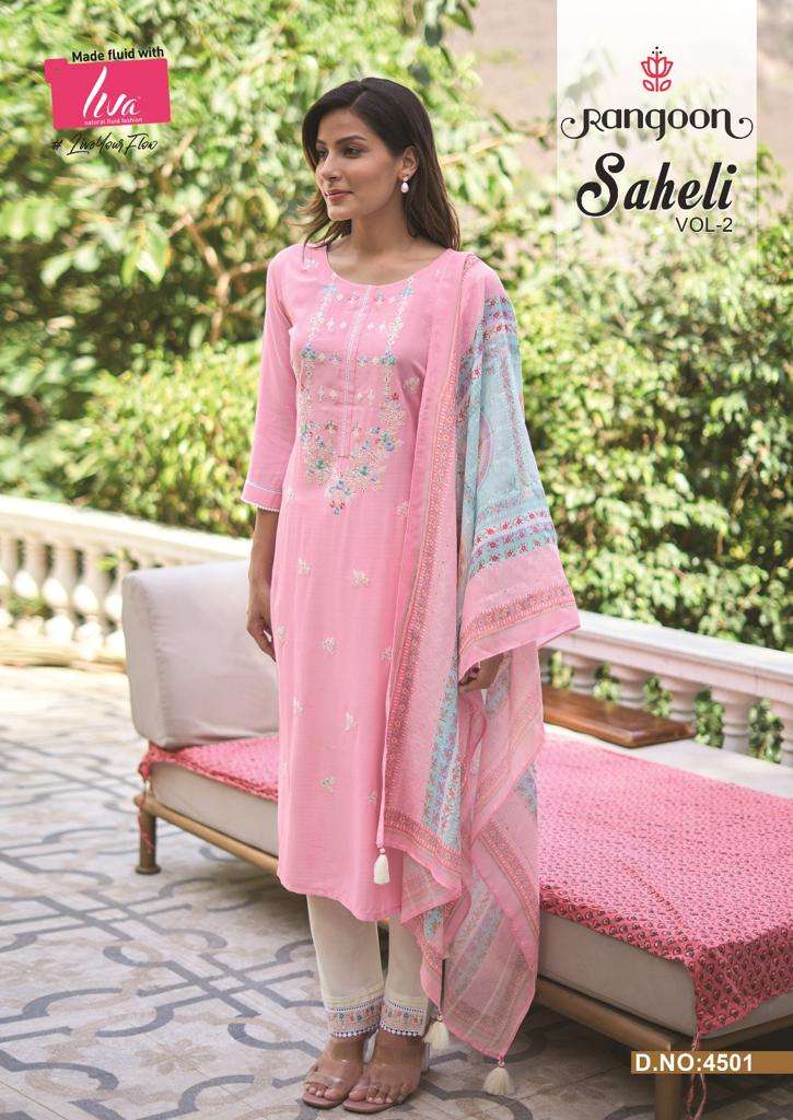 SAHELI VOL 2 NYLON VISCOSE EMBROIDERY WORK KURTI WITH RAYON PANT AND MUSLIN DUPATTA BY RANGOON BRAND...