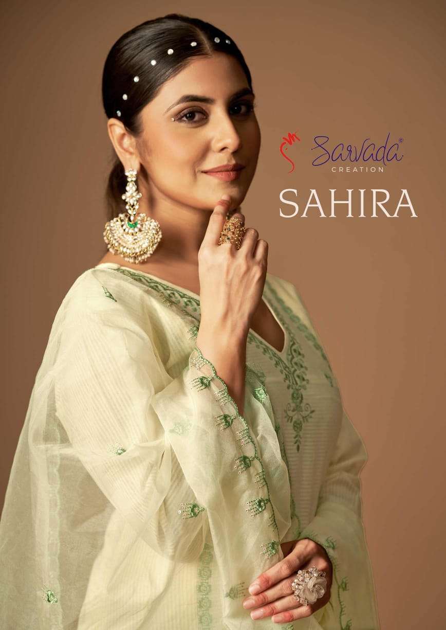 SAHIRA CAMBRIC COTTON EMBROIDERY WORK KURTI WITH PANT AND ORGANZA DUPATTA BY SARVADA BRAND WHOLESALE...