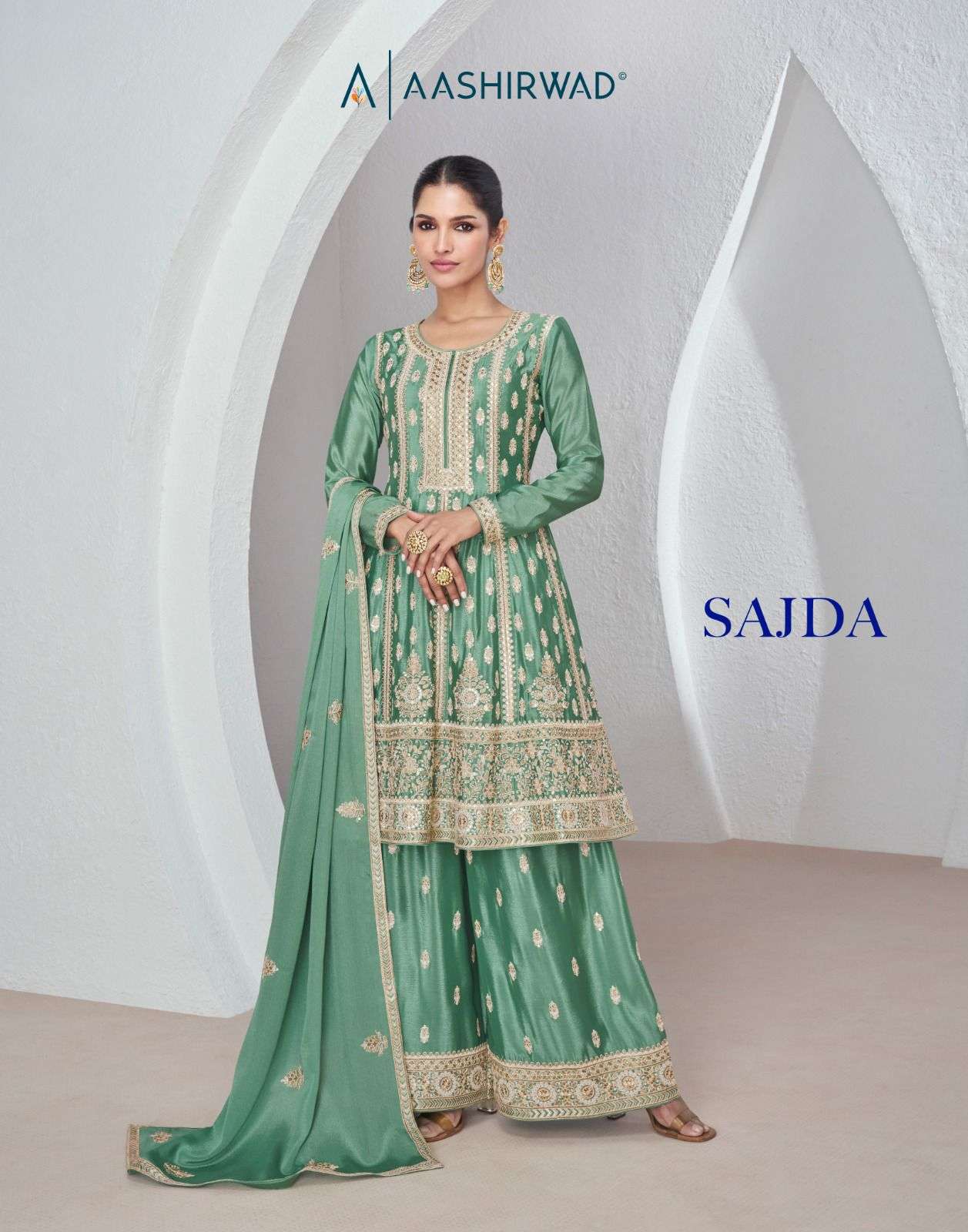 SAJDA PREMIUM CHINNON SILK EMBROIDERY AND HANDWORK KURTI WITH SHARARA AND DUPATTA BY SAYURI BRAND WH...