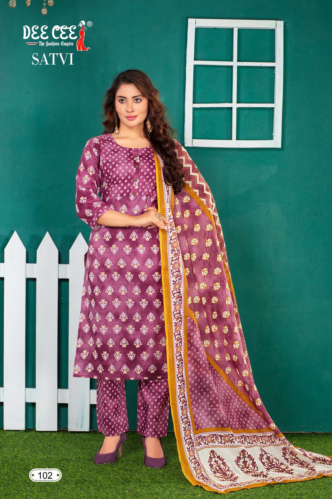 SATVI COTTON CAMBRIC STRAIGHT KURTI WITH PANT AND MUL PRINTED BOX PATTERN DUPATTA BY DEECEE BRAND WH...