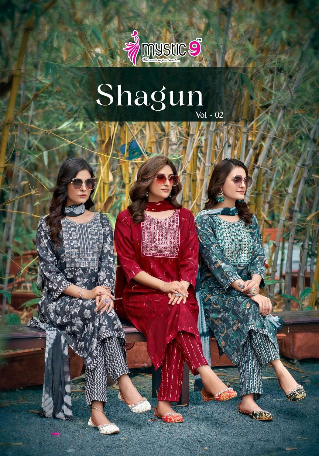 SHAGHUN VOL 2 RAYON CAPSULE FOIL PRINT EMBROIDERY WORK KURTI WITH PANT AND NAZMIN COTTON DUPATTA BY ...