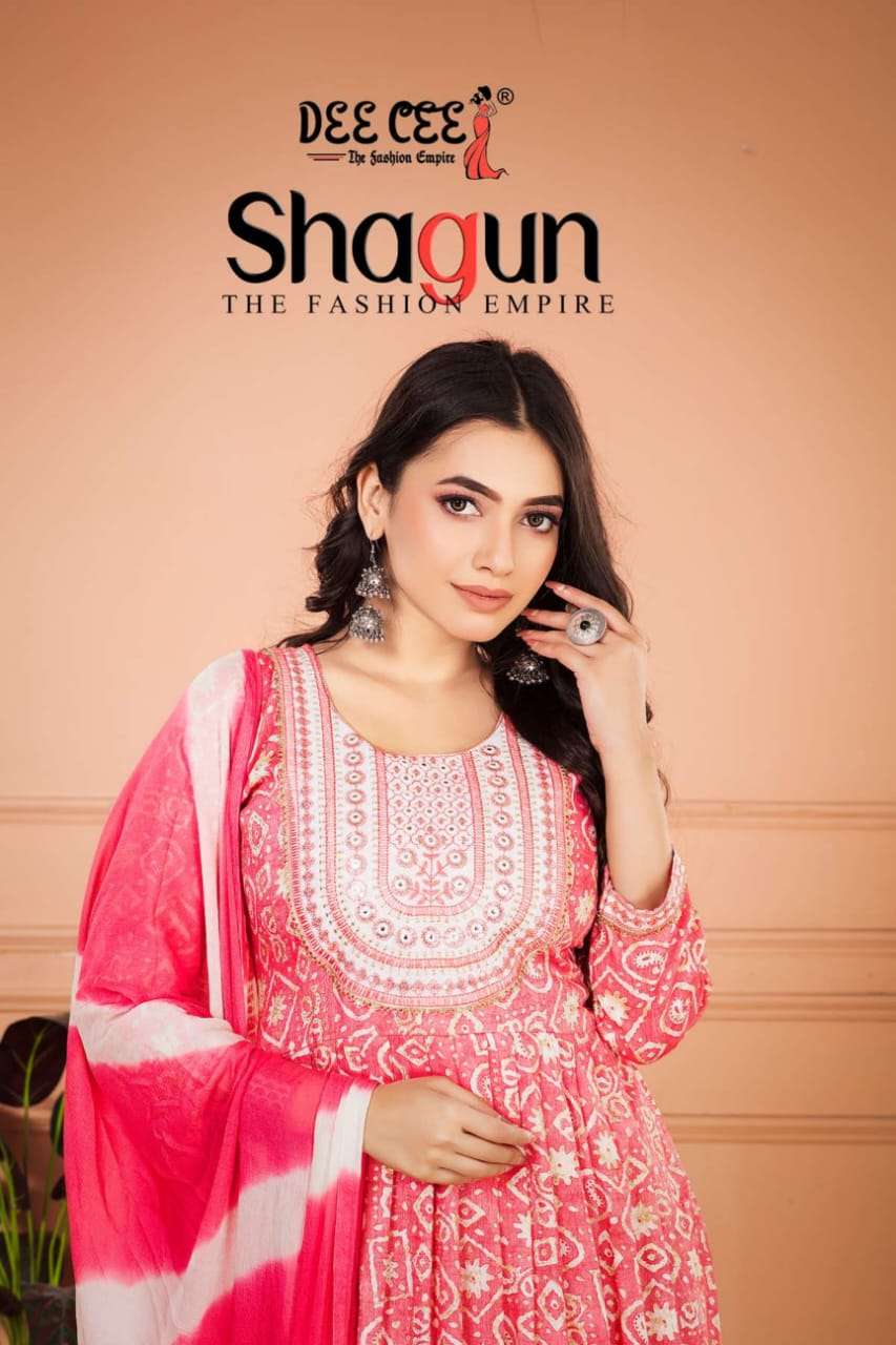 SHAGUN CAPSULE PRINT EMBROIDERY WORK KURTI WITH PANT AND NAZNIN DOUBLE DYING DUPATTA BY DEECEE BRAND...