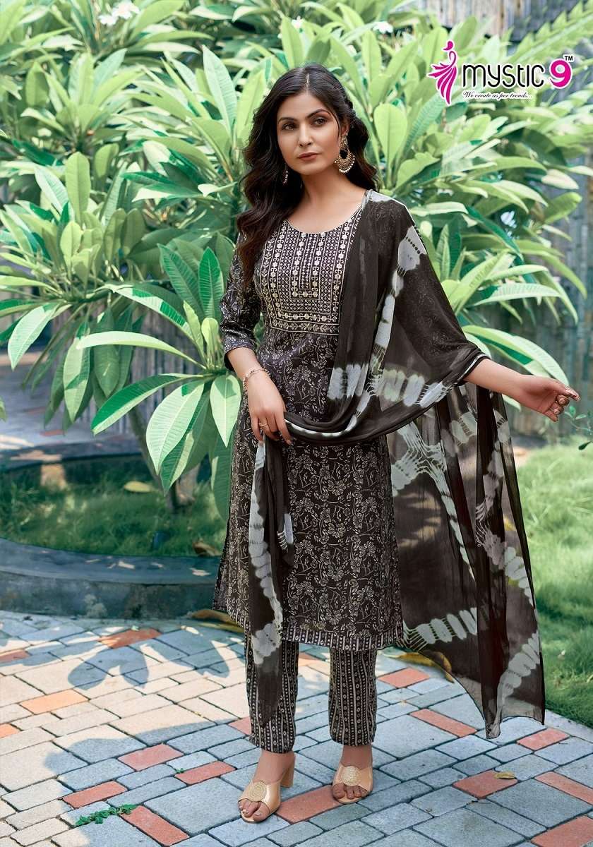 SHAGUN VOL 2 RAYON CAPSULE FOIL PRINT EMBROIDERY WORK KURTI WITH PANT AND NAZMIN DUPATTA BY MYSTIC 9...