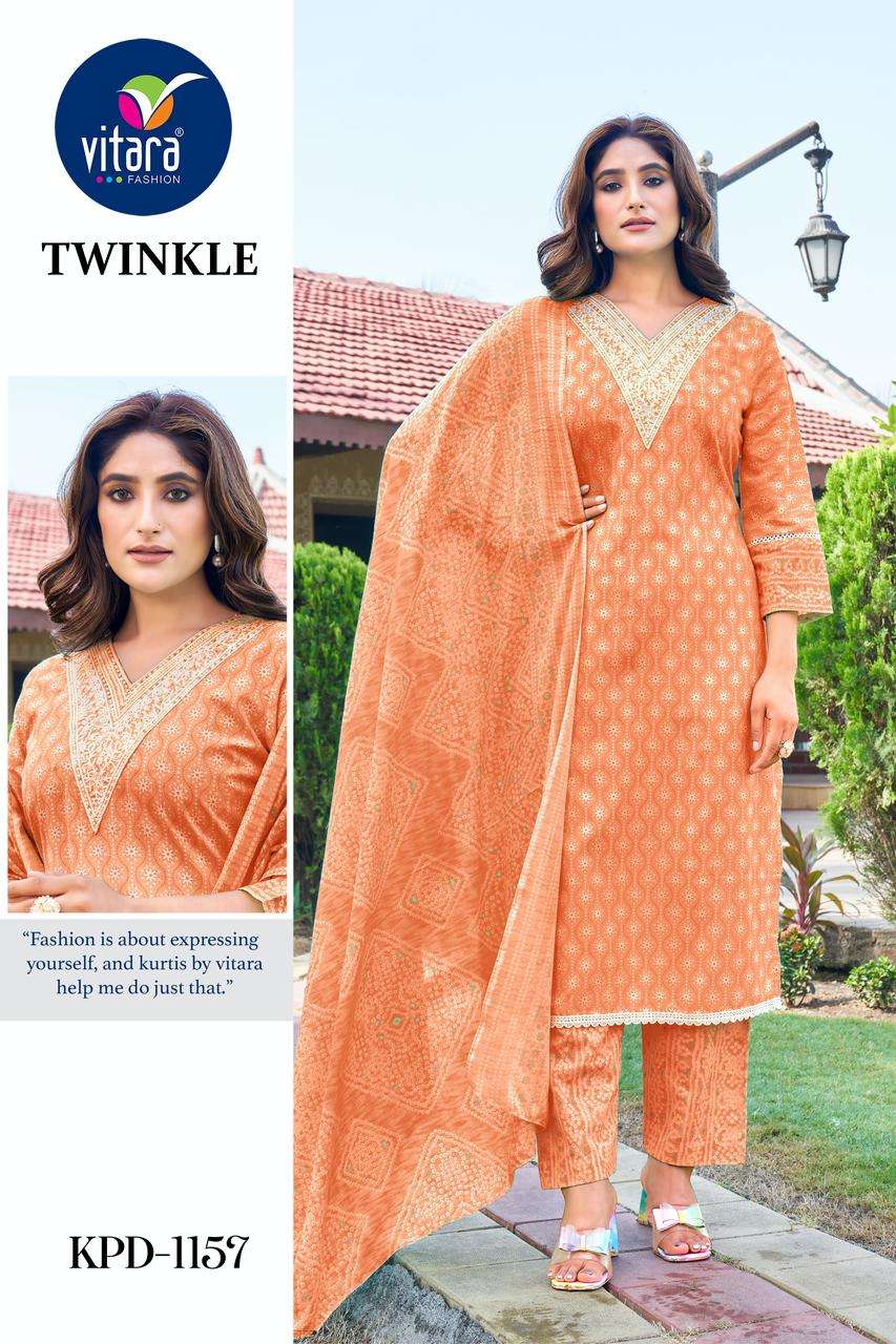 TWINKLE PURE COTTON FABRIC PRINTED KURTI WITH PANT AND MAL COTTON DUPATTA BY VITARA BRAND WHOLESALER...