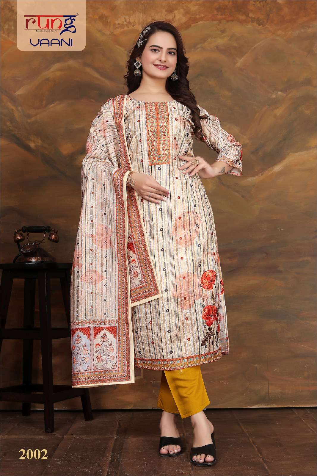 VAANI DIGITAL SILK EMBROIDERY WORK KURTI WITH ROMAN SILK PANT AND DUPATTA BY RUNG BRAND WHOLESALER A...